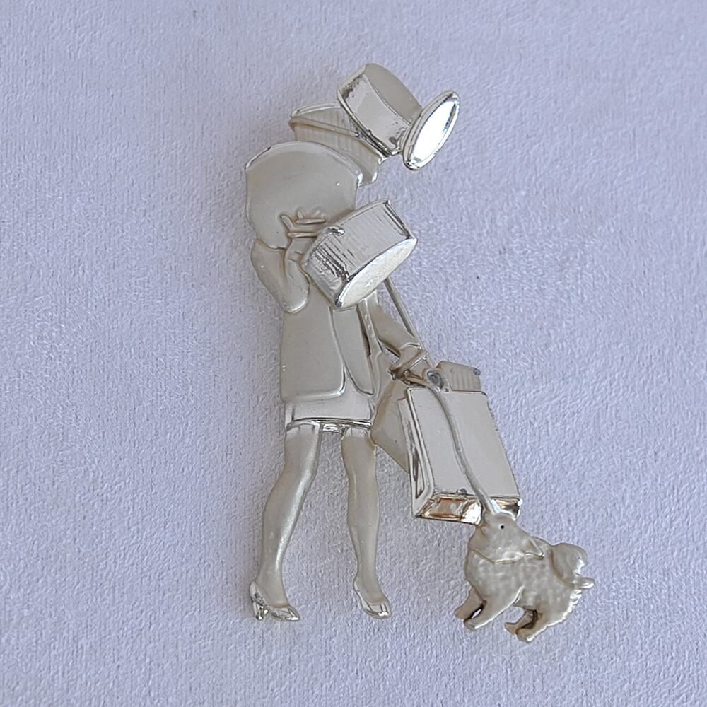 Vintage AJC Shopper Lady Brooch With Boxes Little Dogs Gold Tone Cute